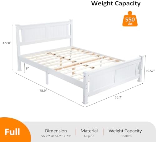 Bonnlo Full Size Solid Wood Platform Bed Frame, Panel Bed with Headboard, No Box Spring Needed Bed Base, Wood Slat Support Mattress Foundation, White