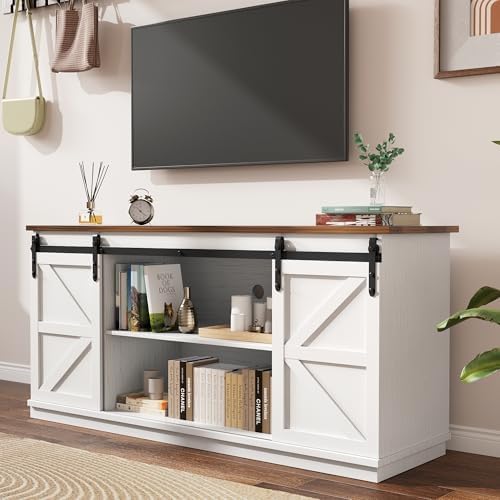 YESHOMY 58" Farmhouse TV Stand for TVs up to 65", Sliding Barn Doors, White