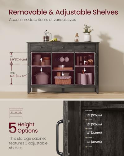 VASAGLE Buffet Cabinet, Coffee Bar with 3 Drawers, Adjustable Shelf