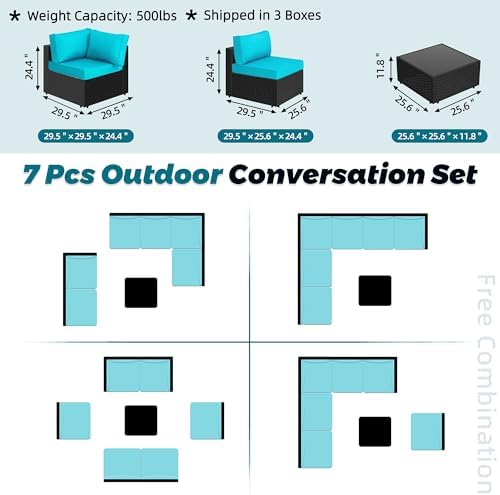 SUNLEI 7pcs Patio Conversation Sets Outdoor Furniture Sets, High Back All-Weather Rattan Sectional Sofa with Tea Table&Washable Couch Cushions(Black Rattan)（Blue）