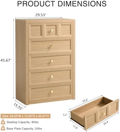 4 Piece Bedroom Set - Includes 6 Drawer Dresser, 5 Drawer Wood Dresser and 3 Drawer King Size Nightstands Set of 2 with Charging Station, 4 Piece Farmhouse Dresser and Nightstand Sets,Natural