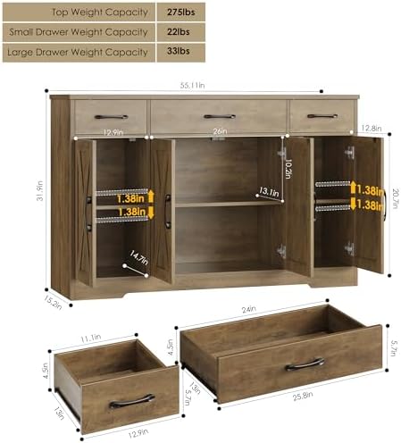 HOSTACK Kitchen Buffet Sideboard Storage Cabinet, Coffee Bar Cabinet, Brown