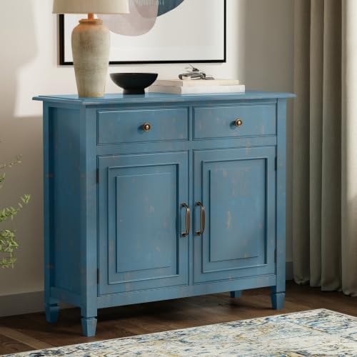 SIMPLIHOME Connaught 40" Wide Solid Wood Cabinet in Distressed Coastal Blue