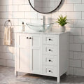 32 Inch White Bathroom Vanity with Marble Texture Top and 4 Drawers, Modern Standing Pedestal Cabinet with Clear Boat Glass Vessel Sink