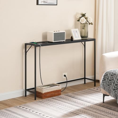 MAHANCRIS 43.7”Console Table with Outlet, Narrow Sofa Table with Charging Station, Entryway Table with Display Shelf, Behind Couch Table, Long Sofa Side Table, Living Room, Hallway, Black CTHB112E01