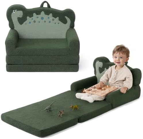 Blissful Diary Foldable Kids Couch, 2-in-1 Kids Sofa Chair, Green Dinosaur