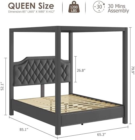 GarveeHome Upholstered Canopy Bed Queen Size with Button Tufted headboard