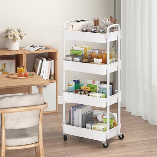 Sywhitta 4-Tier Plastic Rolling Utility Cart with Wheels for Storage,White