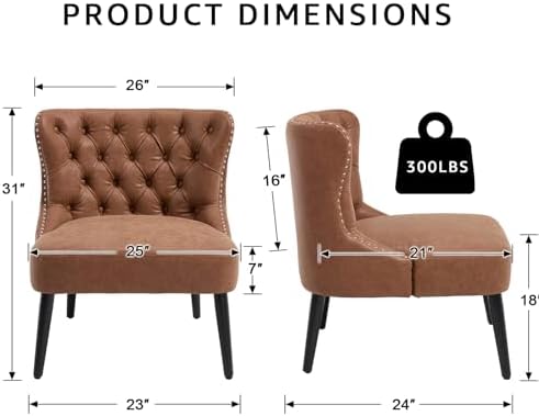 Kmax Accent Chairs Set of 2, Leather Slipper Chairs with Button Tufted Wingback, Armless Living Room Chairs with Nails Modern Side Chairs for Bedroom Reception Small Space - Pu Brown, Black Legs