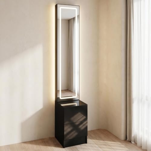 LED Full Length Mirror Jewelry Cabinet with Storage, 3 Color Adjustable Lighting Dressing Mirror Armoire, Large Standing Vanity Mirror Organizer Cabinet for Makeup & Jewelry Storage (black)