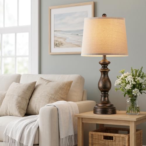 PARTPHONER Traditional Table Lamp Set of 2, Rustic Farmhouse Table Lamps for Living Room Bedroom, 27" Bedside Desk Lamps Vintage Nightstand Lamps with Linen Shades, Oil Rubbed Bronze