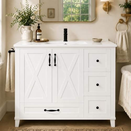 YOPTO 36" Bathroom Vanity with Sink, Freestanding Bathroom Cabinet | Ceramic Top & Backsplash, 4 Storage Drawers, X-Shaped Doors, Adjustable Shelving, Door Storage and Towel Bar, white