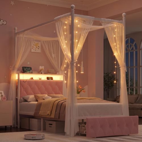 HIFIT Twin Size LED Canopy Bed Frame with Storage & Charging Station, Pink