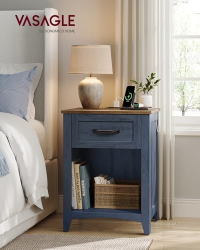 VASAGLE Farmhouse Nightstand with Charging Station, 1 Drawer