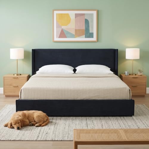 King Bed Frame with Storage Drawers, Corduroy Bed with Headboard, Black