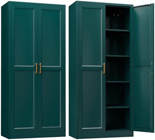 Steeloong 71"Metal Pantry Storage Cabinet with Doors & 4 Adjustable Shelves | Kitchen Pantry Cabinet,Green Kitchen Cabinet with 2 Gold Handles,Tall Cabinet for Livingroom,Pantry, Bathroom,Kitchen