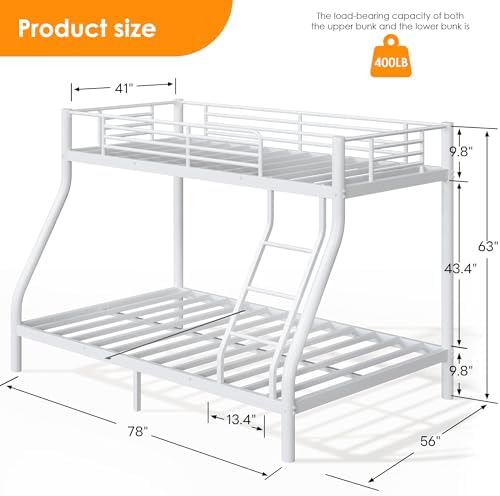 Bunk Beds Twin Over Full Size, Heavy Duty Bunk Beds with Bottom Space & Guardrail Metal Bunk Bed Frame for Adults - Dorm Bedroom Guest Room, No Box Spring Needed（Upgrate White）