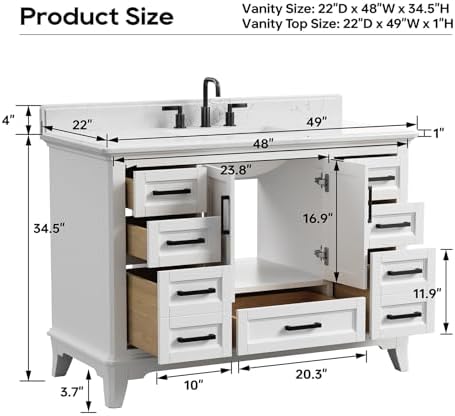 48 Inch Bathroom Vanity with Sink, Fully Assembled, White | Farmhouse Solid Wood Bathroom Sink Cabinet, 2 Soft Close Doors & 7 Dovetail Pine Drawers, Quartz Countertop, Backsplash