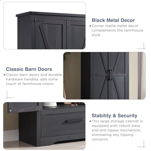 Farmhouse Kitchen Pantry Cabinet - 72" Tall Wood Kitchen Storage Cabinets with Adjustable Shelves & 2 Barn Doors & Drawer, Versatile Storage for Dining Room, Bathroom, Utility Room, Antique Black | Large