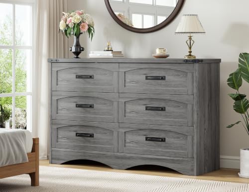 Decofy 47" Farmhouse 6-Drawer Dresser for Bedroom, Grey