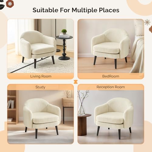 VINGLI 30.3" Wide Modern Barrel Accent Armchair with Track Armrest, Solid Wooden Legs, Comfy Upholstered Club Chair, Round Single Home Sofa for Living Room, Bedroom, Reading Room, Corduroy Beige