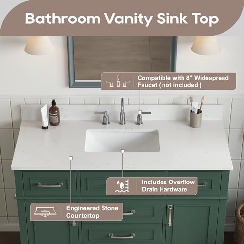 48 Inch Green Bathroom Vanity with Sink, Pre Assembled | Freestanding Solid Wood Bathroom Vanities with 2 Soft Close Doors & 5 Dovetail Drawers, 0.78" Stone Top, Backsplash