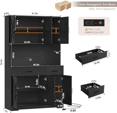 HOSTACK 71" H Kitchen Pantry Storage Cabinet,Farmhouse Hutch Cabinet, Black