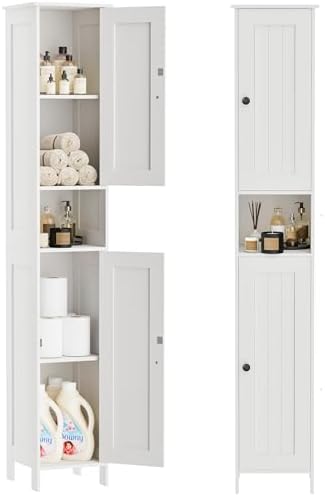Homleke Tall Bathroom Storage Cabinet with 2 Doors, Slim Bathroom Cabinet | Narrow Storage Cabinet with Adjustable Shelves, Reversible Door, Easy Assembly, for Bathroom, Living Room, White, 11.8''W
