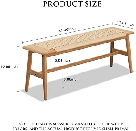 31.5'' Woven Dining Beach with 100% Solid Oak Wood Bench Frame, Hand Knitted Rope Designed Bed End Shoe Bench for Kitchen Bedroom Entryway, Beige