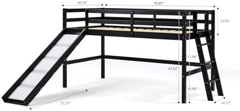 VINGLI 47 Inches Medium High Loft Bed with Slide, Space Saving Kids Low Loft Bed Twin Size with Guardrail and Flat Ladder, Pine Wood Bed Frame for Boys and Girls, Black