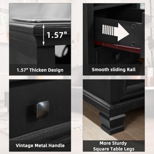 SAVOR LIFE Farmhouse Nightstand Set of 2 with Charging Station, Black