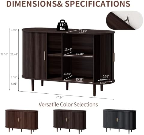 47.2" Sideboard Buffet Cabinet with Sliding Door,Fluted Cabinet with Storage & 2 Adjustable Shelfs,Mid Century Modern Coffee Bar Console Table for Kitchen, Living Room, Entryway，Dark Walnut