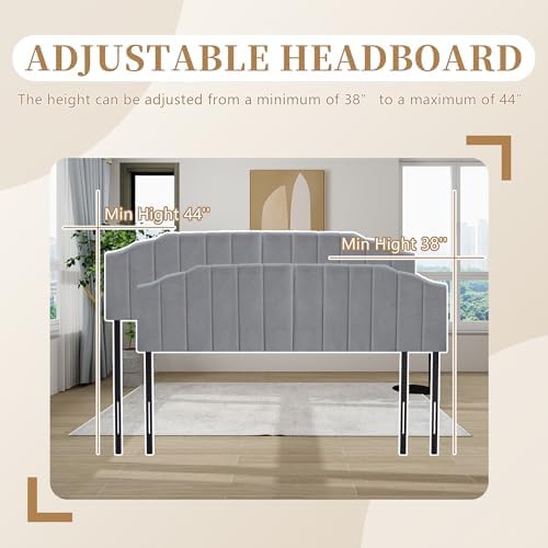 Upholstered Headboard for Full/Queen Beds - Arched Headboard & Bed Frame Mount, Adjustable Height, Velvet Tufted Modern Vertical Channel Design (Gray, King (U.S. Standard))