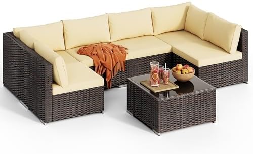 Qsun Patio Furniture Sets 7 Pieces Outdoor Sectional Rattan Sofa Manual Weaving Wicker Patio Conversation Set with Glass Table and Cushion (Beige)