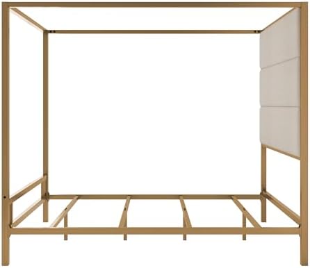 LUMISOL Queen Size Canopy Bed with Tall Headboard, Linen Upholstered Metal 4-Poster Platform Bed, Gold Canopy Bed Frame Queen, Box Spring Needed, Easy Assembly, Gold Tan