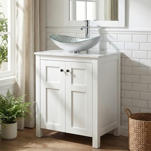 24" White Bathroom Vanity with Marble Texture Top, Traditional Standing Pedestal Cabinet Without Sink
