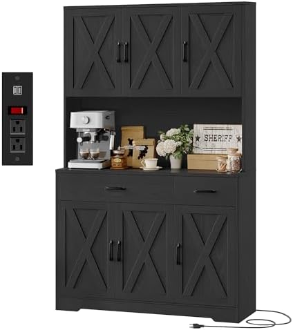 HOSTACK 71" H Kitchen Pantry Storage Cabinet,Farmhouse Hutch Cabinet, Black