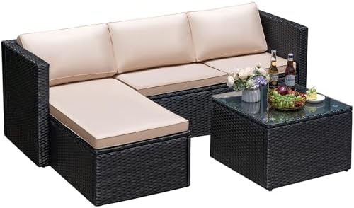 Greesum 3 Piece Patio Furniture Set Outdoor Wicker Rattan Sectional Sofa with Adjustable Seat, Soft Cushions & Coffee Table for Yard, Garden, Porch, Poolside, Beige