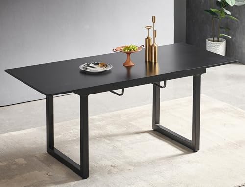 55''- 71'' Extendable Dining Room Table, Expandable Dining Table with Metal Leg, Modern Mid Century Large Table, for 2-6 Person, Black