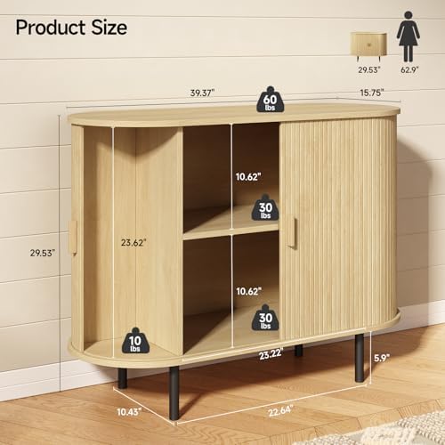 ONBRILL 40" Sideboard Buffet Cabinet, Sliding Door/Adjustable Shelf, Oak