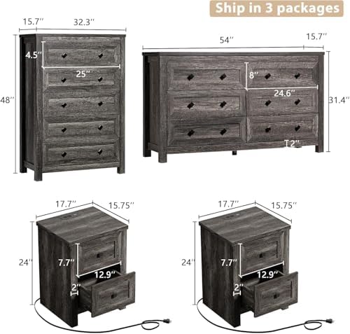 LUXOAK 5 Piece Farmhouse Bedroom Set, King Size Storage Bed & Dresser, Grey