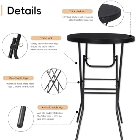 pollilar Cocktail Table 28in Bar Height Folding High Top Table Black