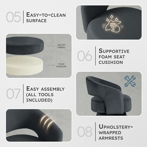Lexicon Swivel Accent Chair, Modern Velvet Round Barrel Chair, Dark Gray
