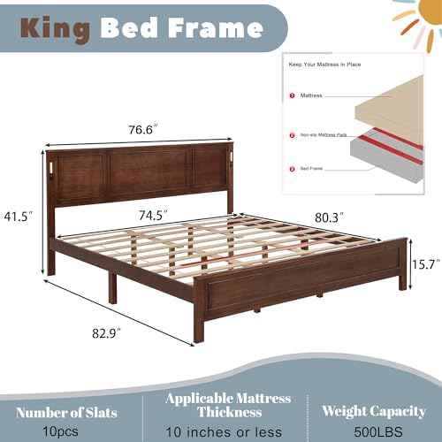 King Bed Frame with Tall Headboard & Footboard, Farmhouse Solid Wood Platform Bed Frames King Size with LED Lights & USB Charging Station,No Box Spring Needed, Walnut