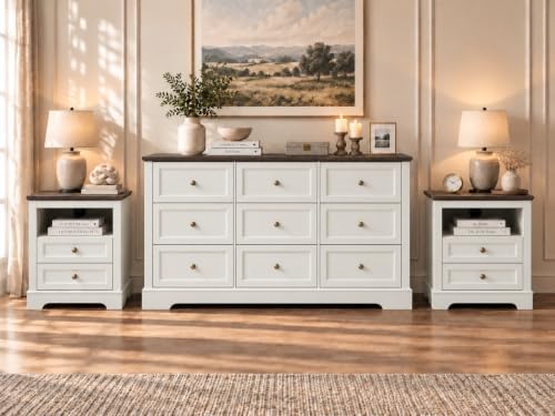 LOUVIXA Farmhouse Bedroom Sets of 3, Including 9 Drawer Dresser, Nightstand Set of 2 with Charging Station (Off White Sets)