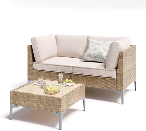 3 Piece Patio Furniture Set, Outdoor Wicker Sectional Sofa with Coffee Table, Anti-Slip & Thick All-Weather Cushions for Garden, Poolside, Backyard, Beige