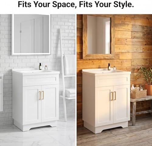 Smhxo Bathroom Vanity with Ceramic Sink, Bathroom Vanity Cabinet with 2 Doors, 24 Inches Wooden Cabinet with Sink, White