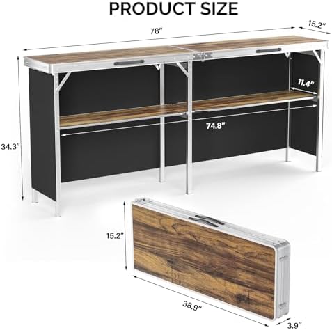 VINGLI 78" Portable Bar Table, 2-Tier Shelves, Mobile Bar Table for Events, Party, Camping, Picnic, Tradeshow, Indoor with Black Skirt