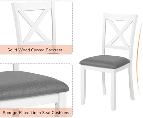 Zevemomo 7-Piece Solid Wood Dining Table Set, Farmhouse Wooden Legs, White