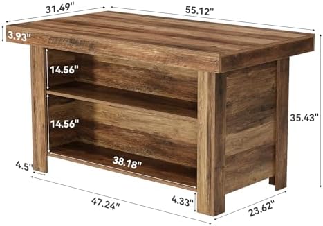 LITTLE TREE 55 Inches Kitchen Island with Storage, 3-Tier Farmhouse Wooden Stationary Island Table with Large Worktop & Leg Room, Modern Coffee Bar Table with Storage Shelf for Kitchen, Rustic Brown